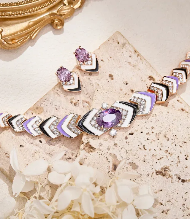 Geometric Chevron Enamel and Amethyst Necklace 4