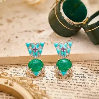 Aretes de cabochón de turquesa y verde geométrico