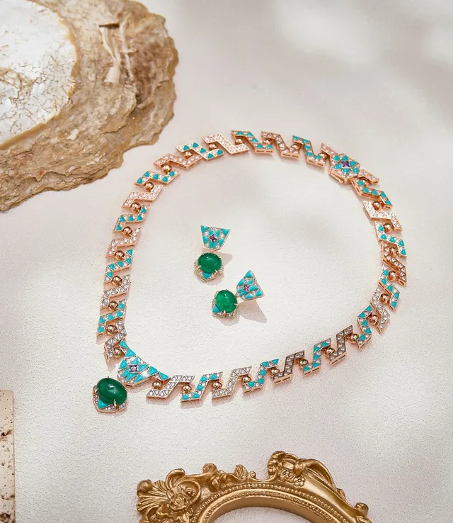 Geometric Turquoise and Green Cabochon Earrings 6