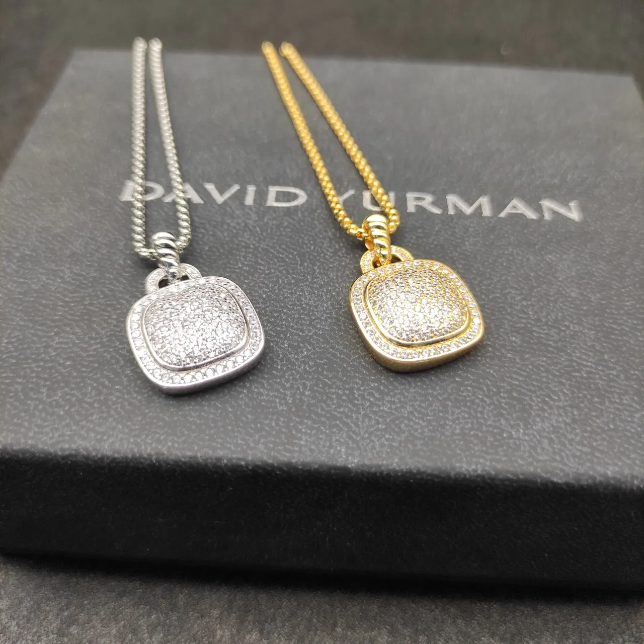 Gold and Silver Tone Pave Cushion Pendant Necklaces 2