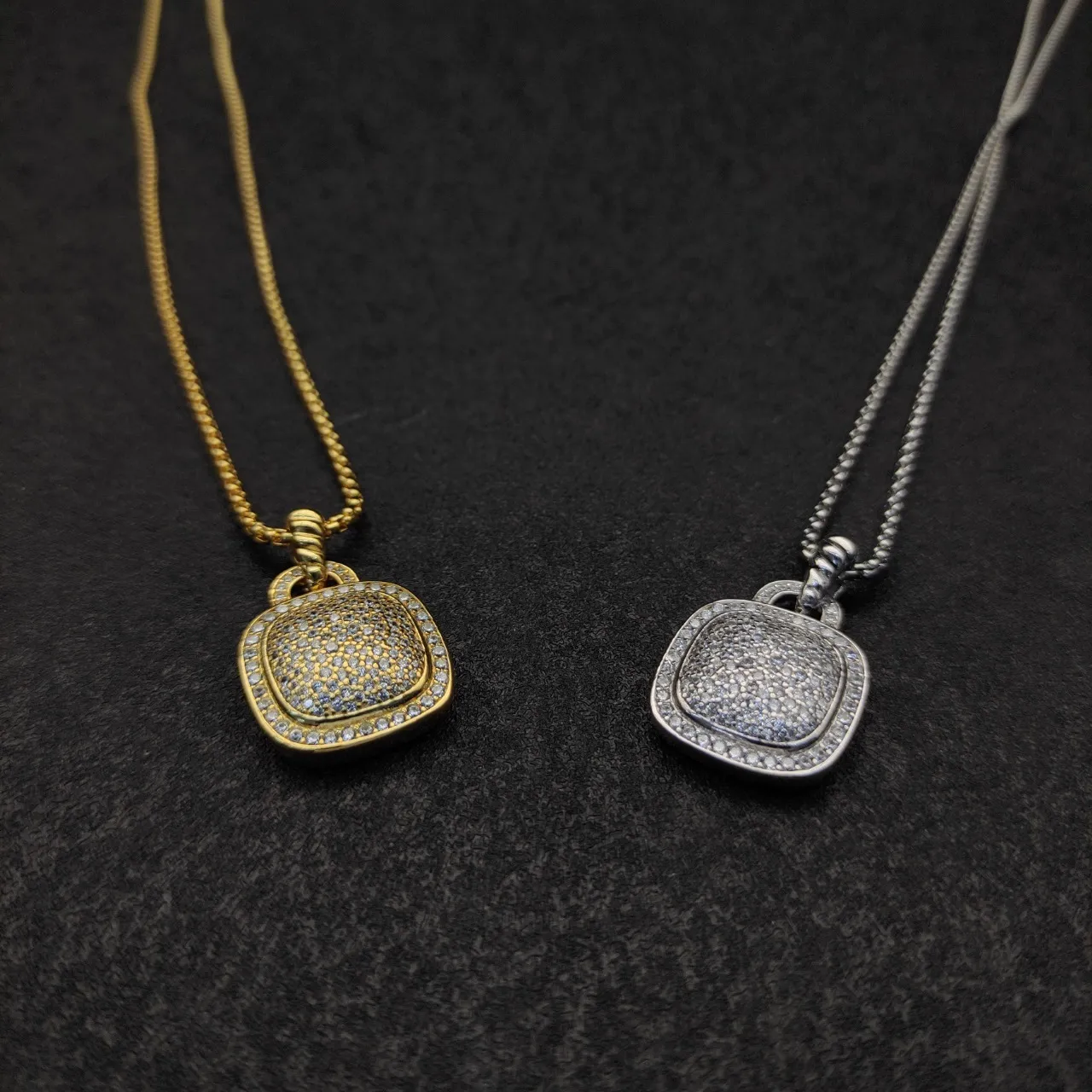 Gold and Silver Tone Pave Cushion Pendant Necklaces 8
