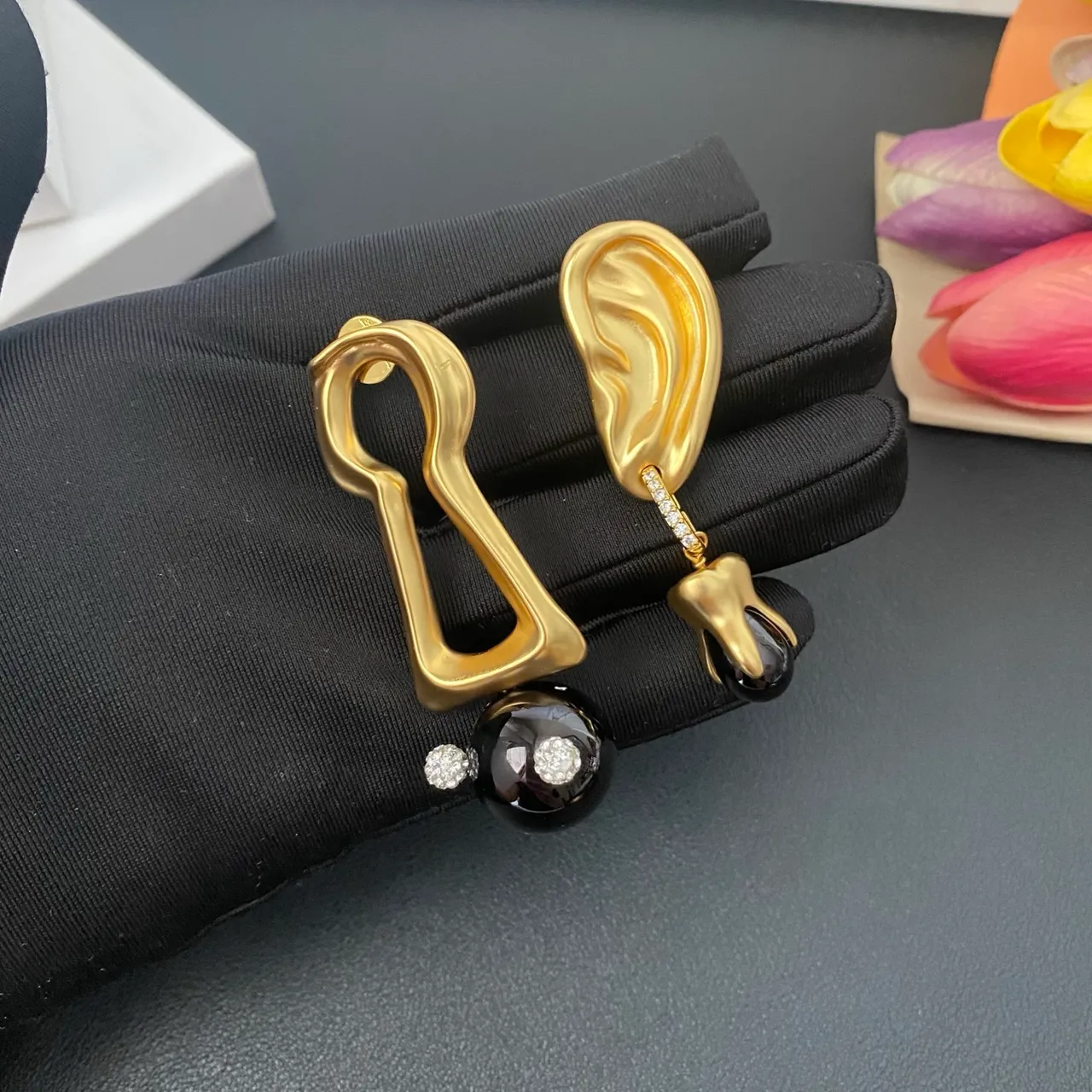 Gold Black Sculptural Top Asymmetrical Drop Earrings 7