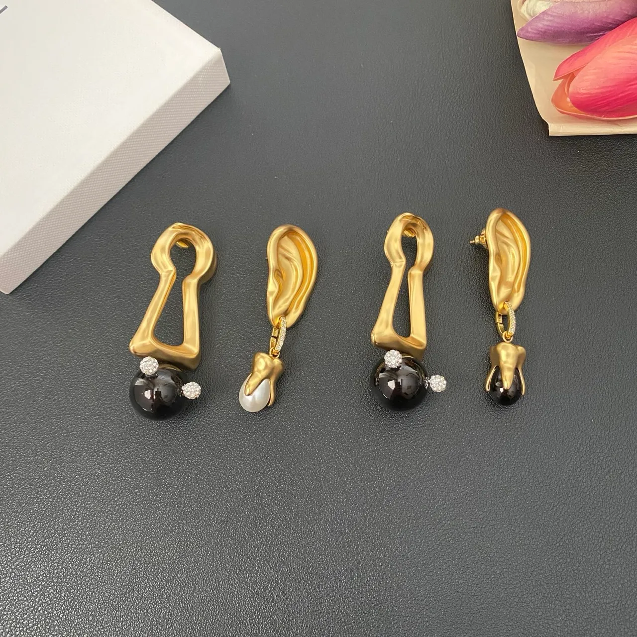 Gold Black Sculptural Top Asymmetrical Drop Earrings 10
