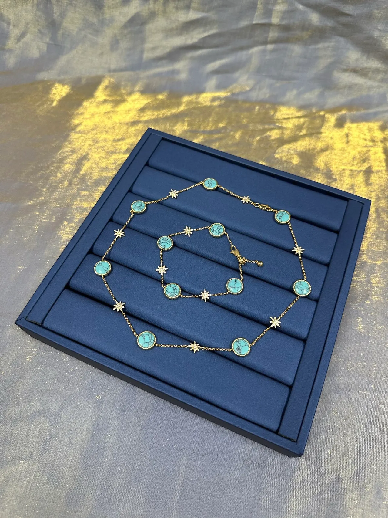 Gold Blue Chain Turquoise Cabochon Stations Necklace 4