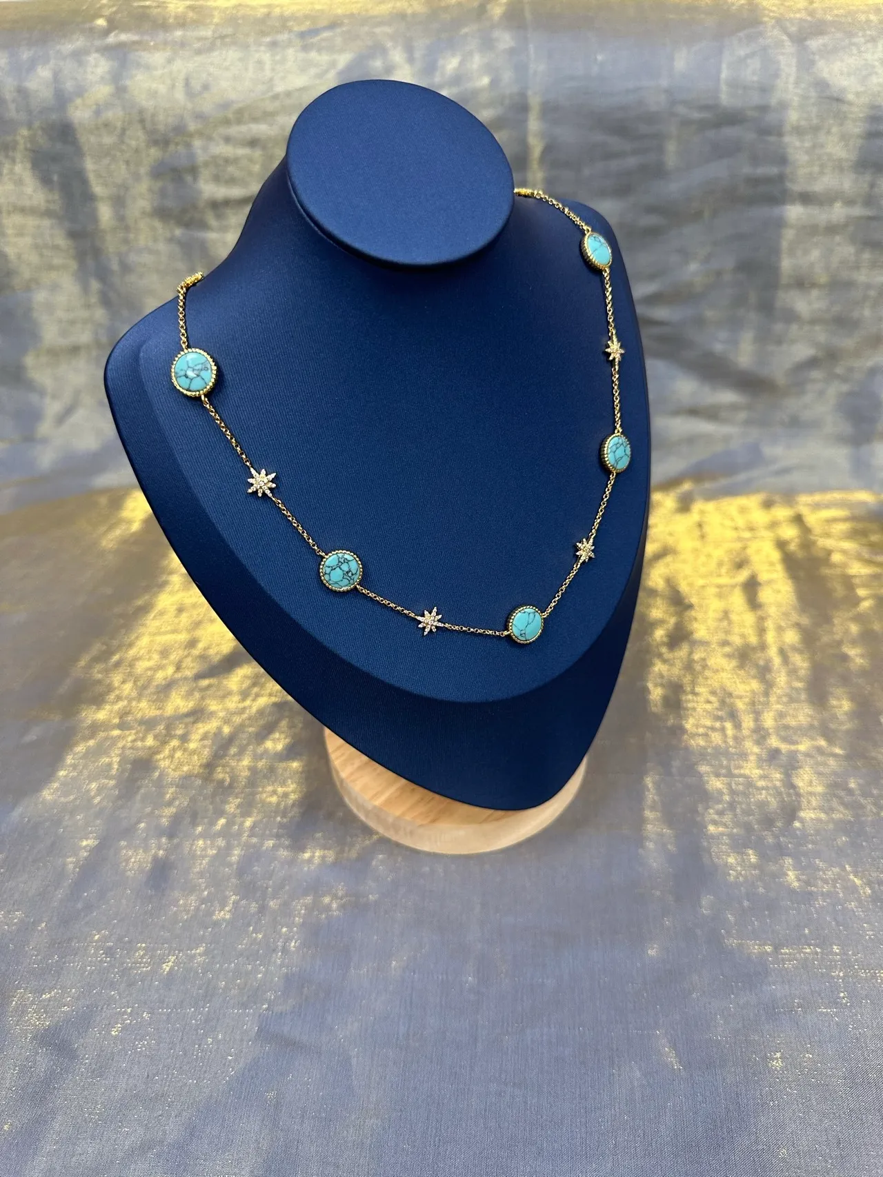 Gold Blue Chain Turquoise Cabochon Stations Necklace 8