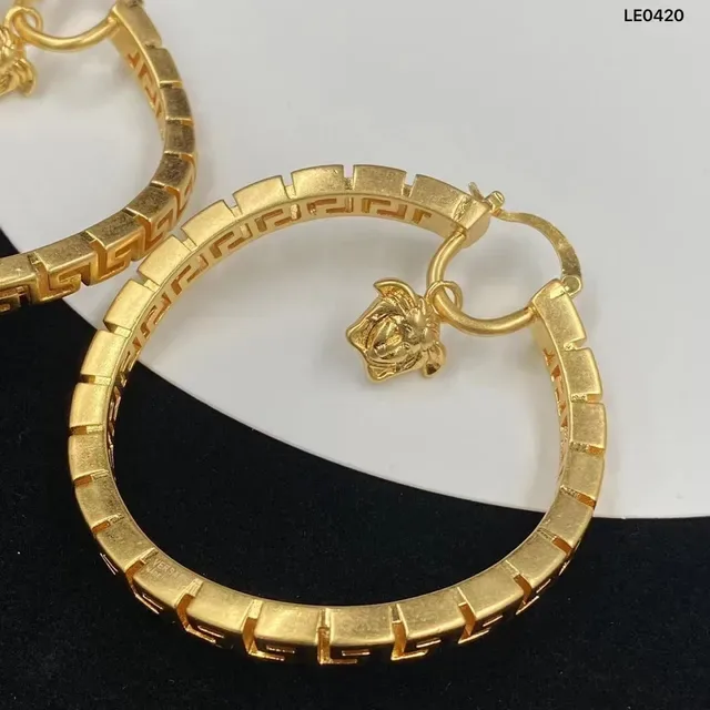 Gold Geometric Greek Key Pattern Dangling Medusa Head Charms Earrings 6
