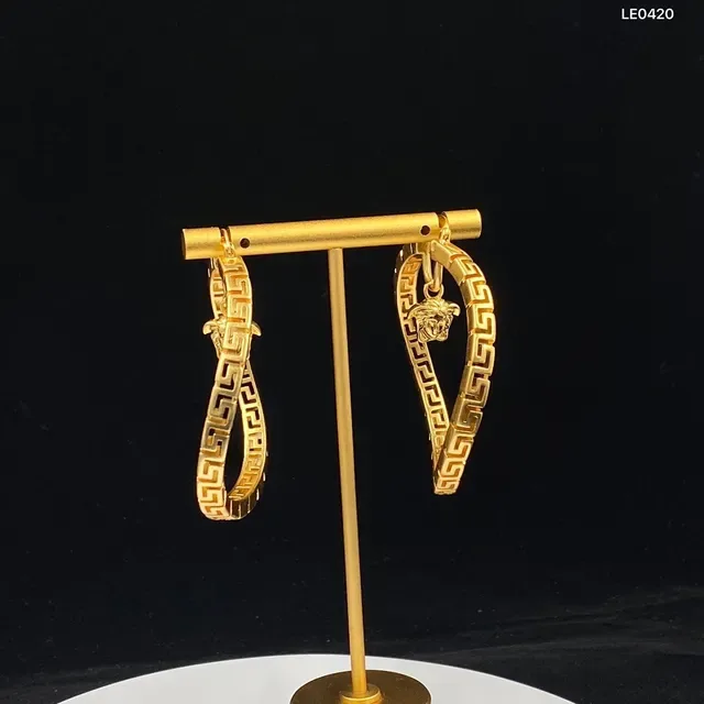Gold Geometric Greek Key Pattern Dangling Medusa Head Charms Earrings 7