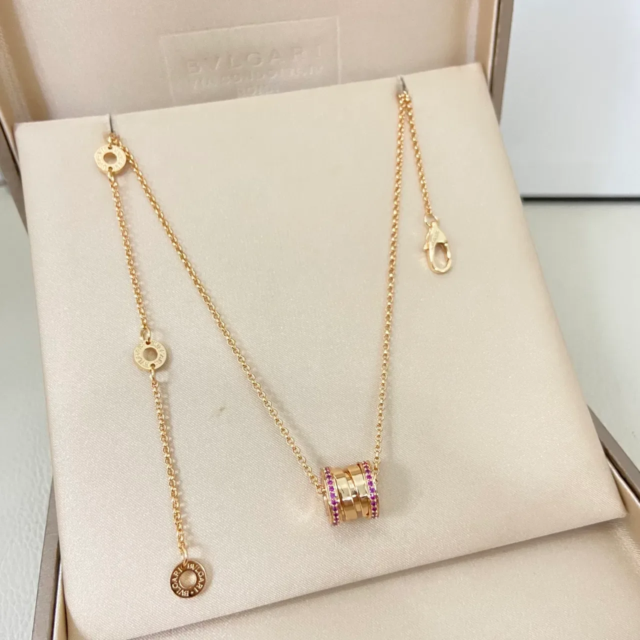 Gold Purple Stacked Ring Pendant Pavé-Set Stones Necklace 3