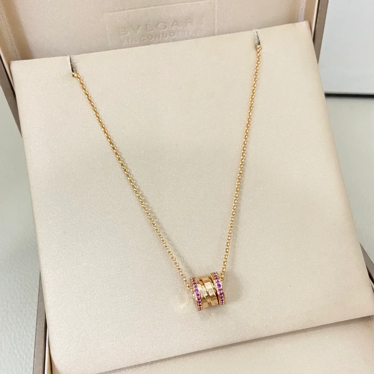 Gold Purple Stacked Ring Pendant Pavé-Set Stones Necklace 4