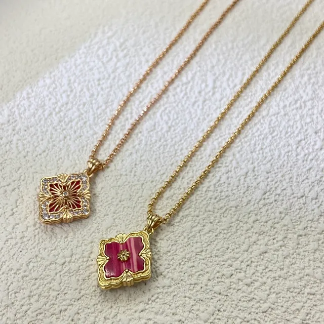 Gold Red Quatrefoil Pendant Enamel And Stone Inlay Necklace 2