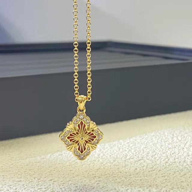Gold Red Quatrefoil Pendant Enamel And Stone Inlay Necklace 3