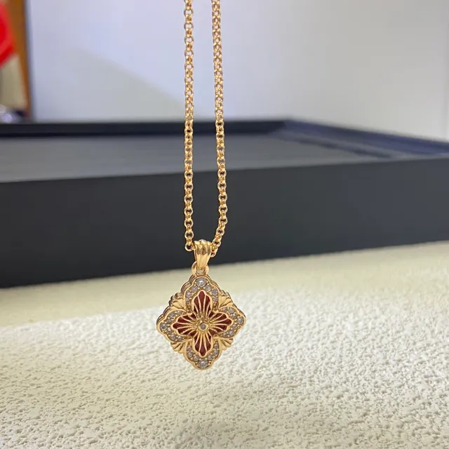 Gold Red Quatrefoil Pendant Enamel And Stone Inlay Necklace 4