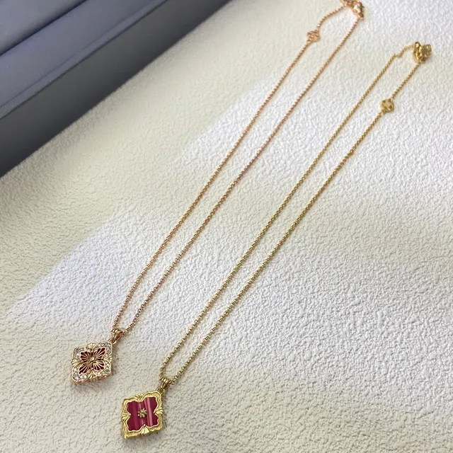 Gold Red Quatrefoil Pendant Enamel And Stone Inlay Necklace 5