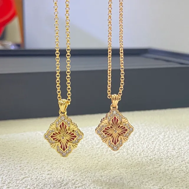 Gold Red Quatrefoil Pendant Enamel And Stone Inlay Necklace 6