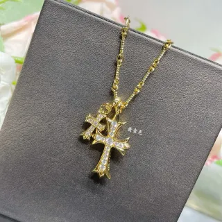 Gold Silver Pavé-Set Crystal Cross Pendants Dual-Tone Metal Chains Necklace