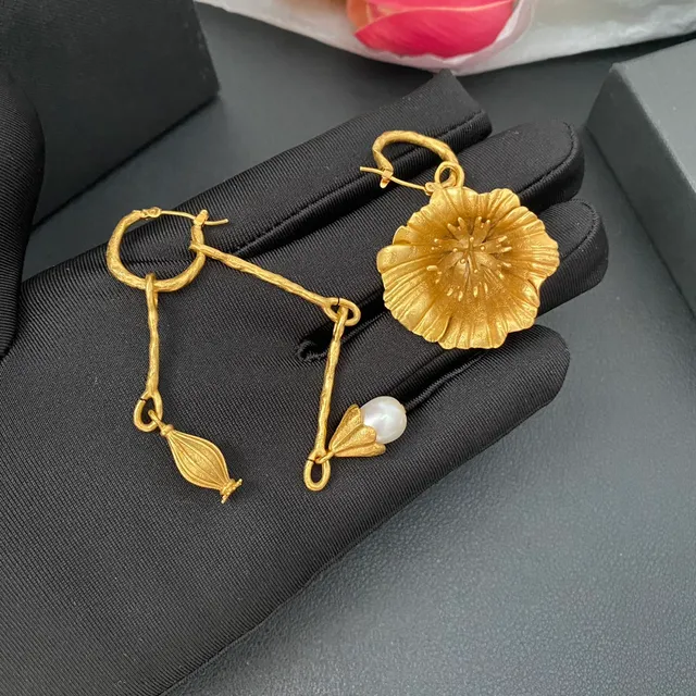 Gold-Tone Asymmetrical Floral and Pearl Drop Earrings 3