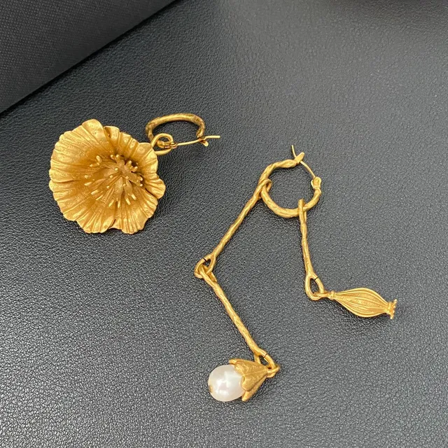 Gold-Tone Asymmetrical Floral and Pearl Drop Earrings 4