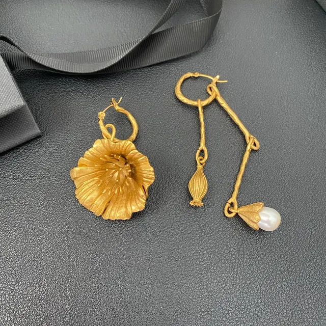 Gold-Tone Asymmetrical Floral and Pearl Drop Earrings 7