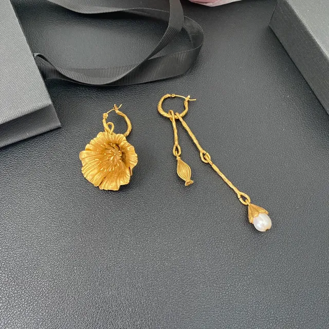 Gold-Tone Asymmetrical Floral and Pearl Drop Earrings 8