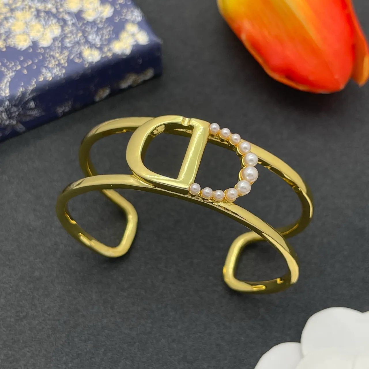 Gold-Tone D-Motif Pearl-Embellished Open Cuff Bracelet 7