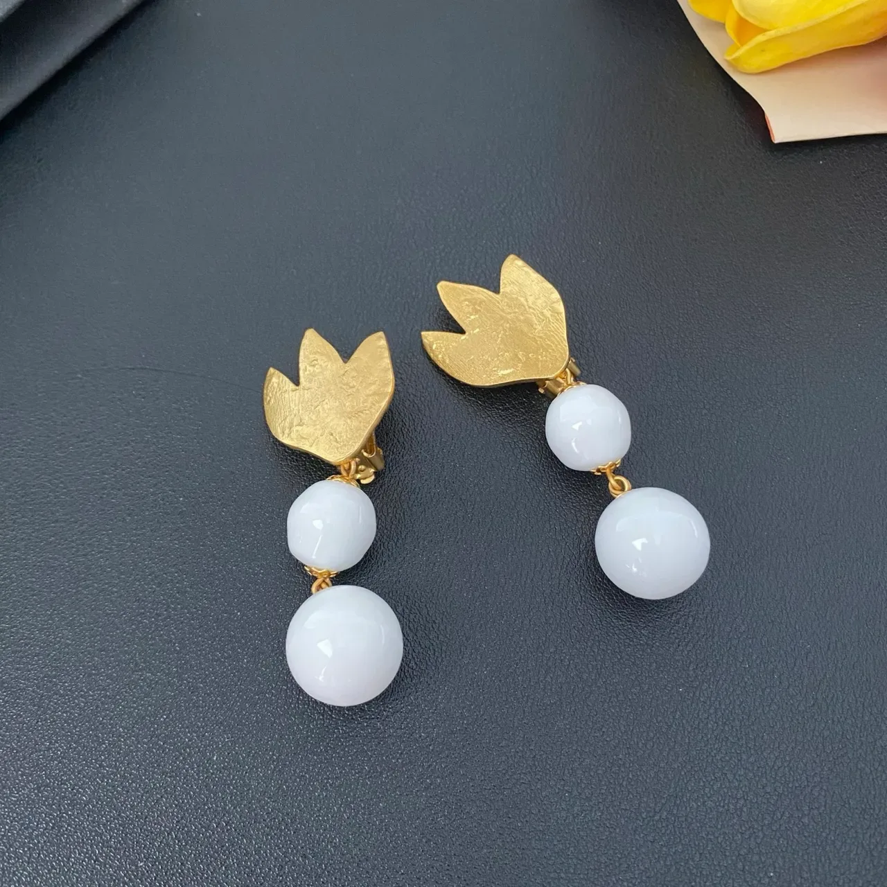 Gold-Tone Tulip Top Double White Bead Dangling Earrings 5