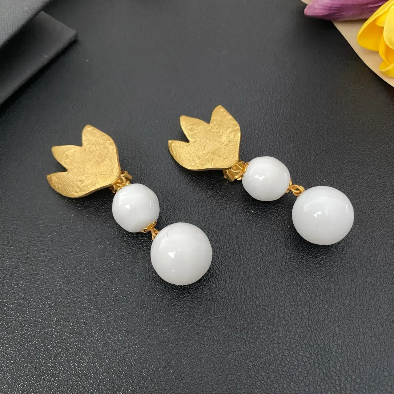 Gold-Tone Tulip Top Double White Bead Dangling Earrings 6