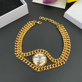 Gold Transparent Chunky Curb Chain Faceted Crystal Centerpiece Necklace