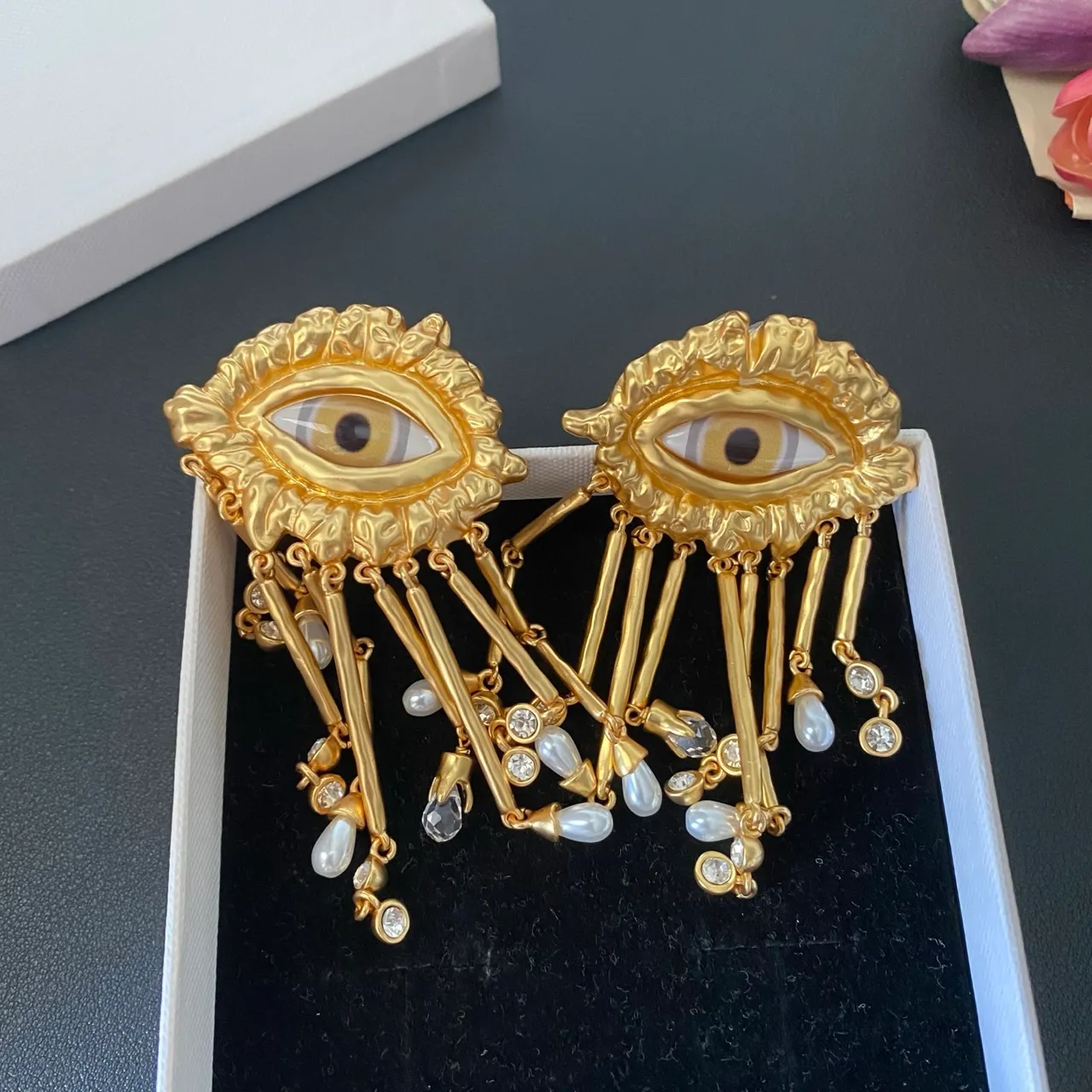 Gold White Eye Motif Metal Earrings 9