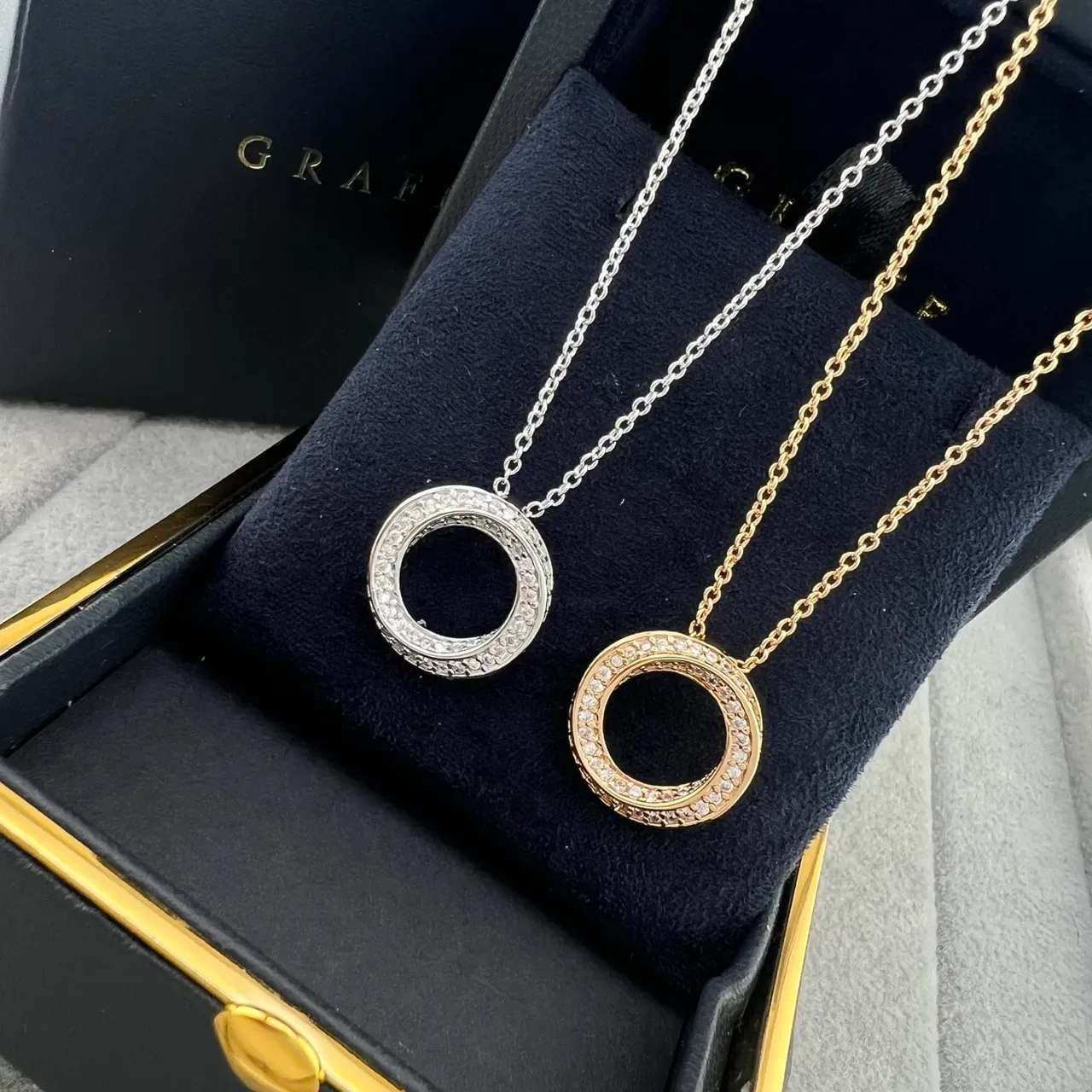 Graff Gold Silver Pavé-Set Double-Circle Pendant Two-Tone Chains Necklace 6