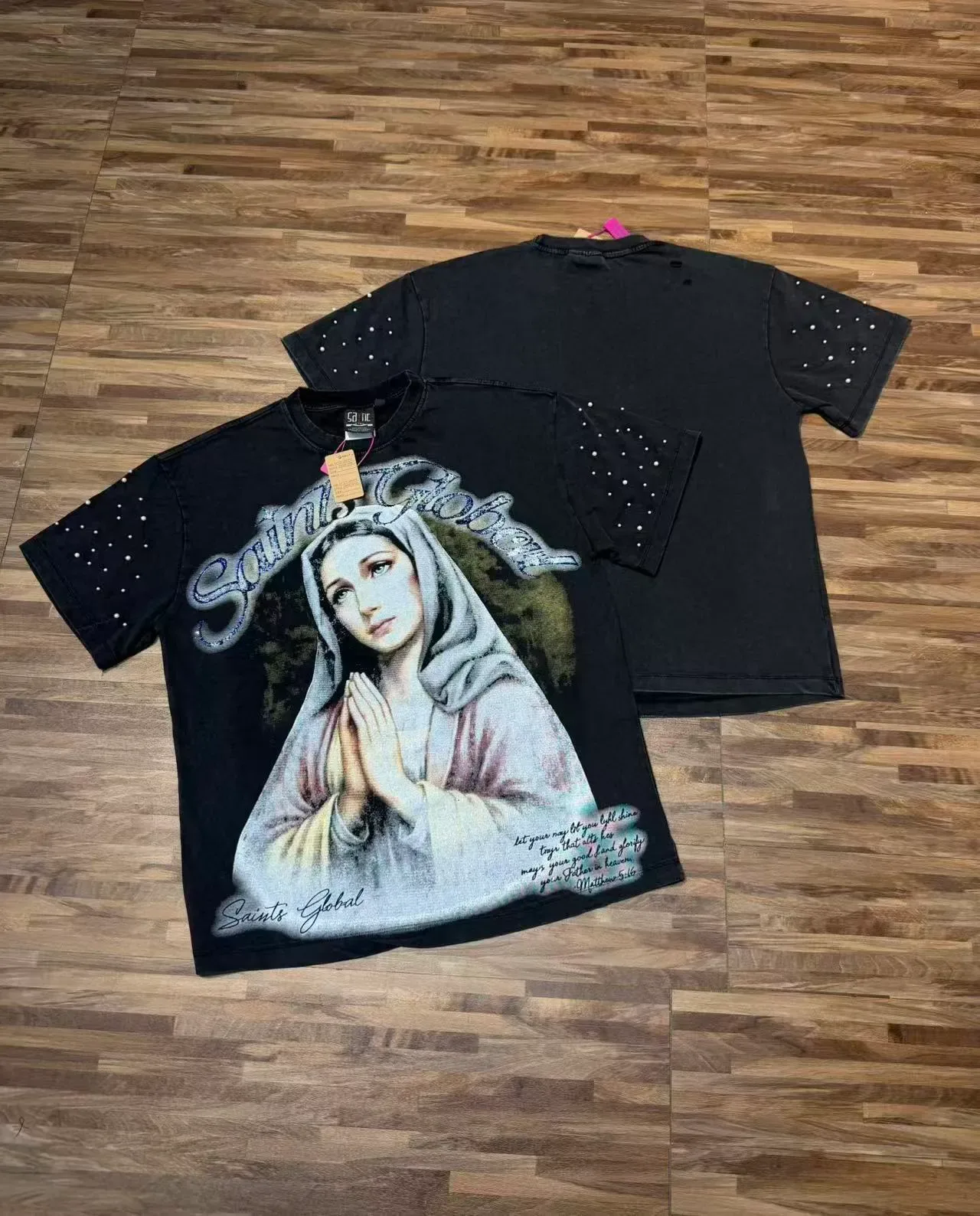 Graphic Print Rhinestone-Embellished Religious Icon T-Shirt 4