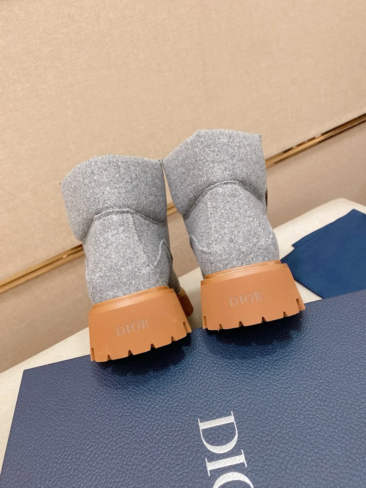 Gray Beige Wool-Felt Upper Chunky Lug Sole Boots 3