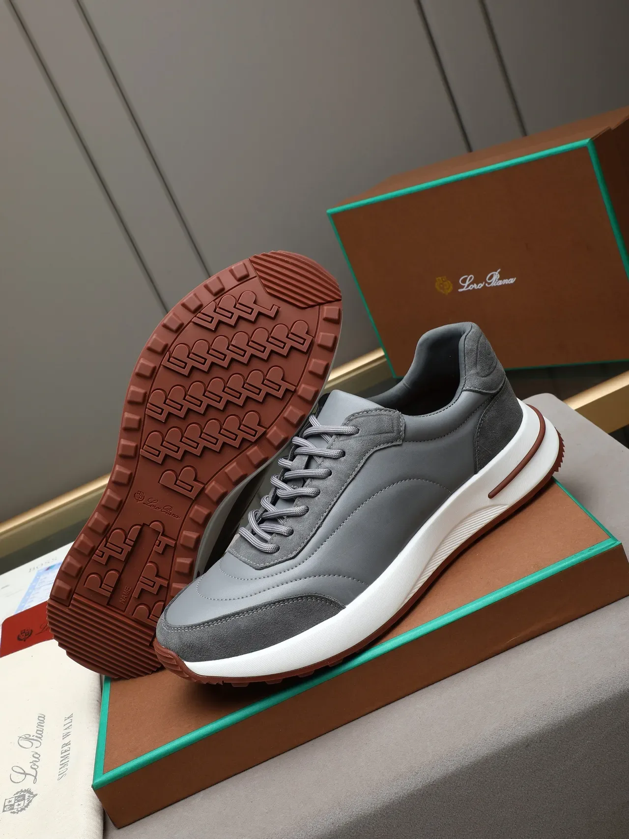 Gray Brown Suede And Leather Upper Layered Panel Construction Sneakers 4