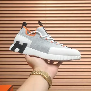Gray Orange Knit Upper Sculpted Ridged Midsole Sneakers