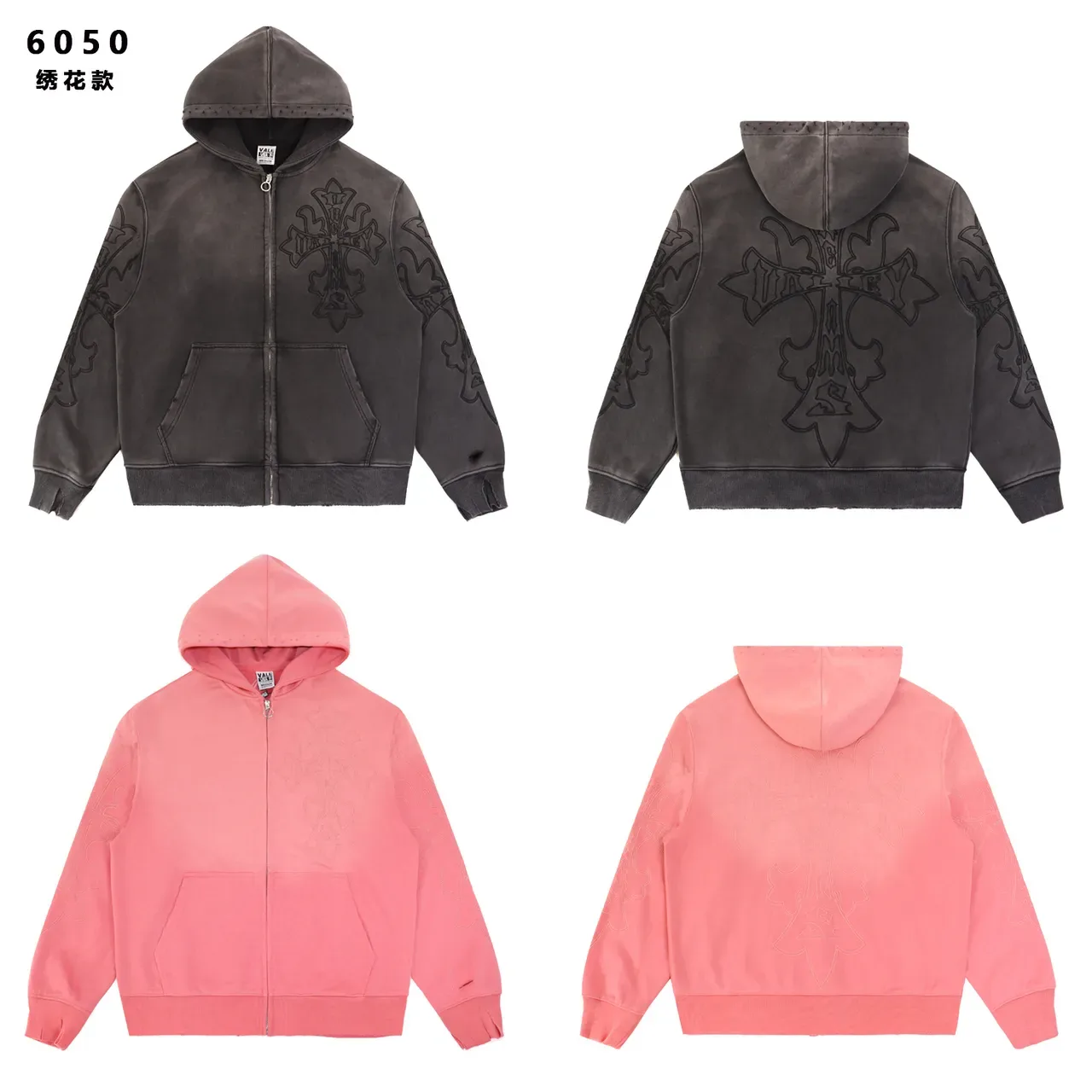 Gray Pink Embroidered Cross Motif Acid-Wash Distressed Finish Hoodie 7