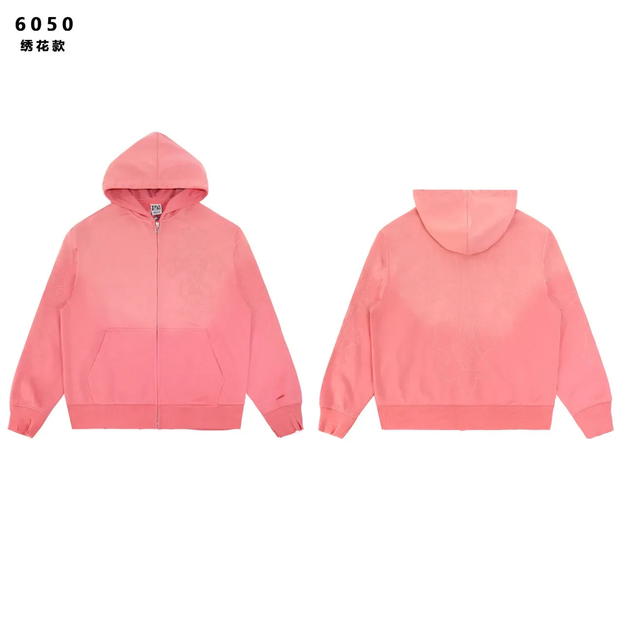 Gray Pink Embroidered Cross Motif Acid-Wash Distressed Finish Hoodie 8