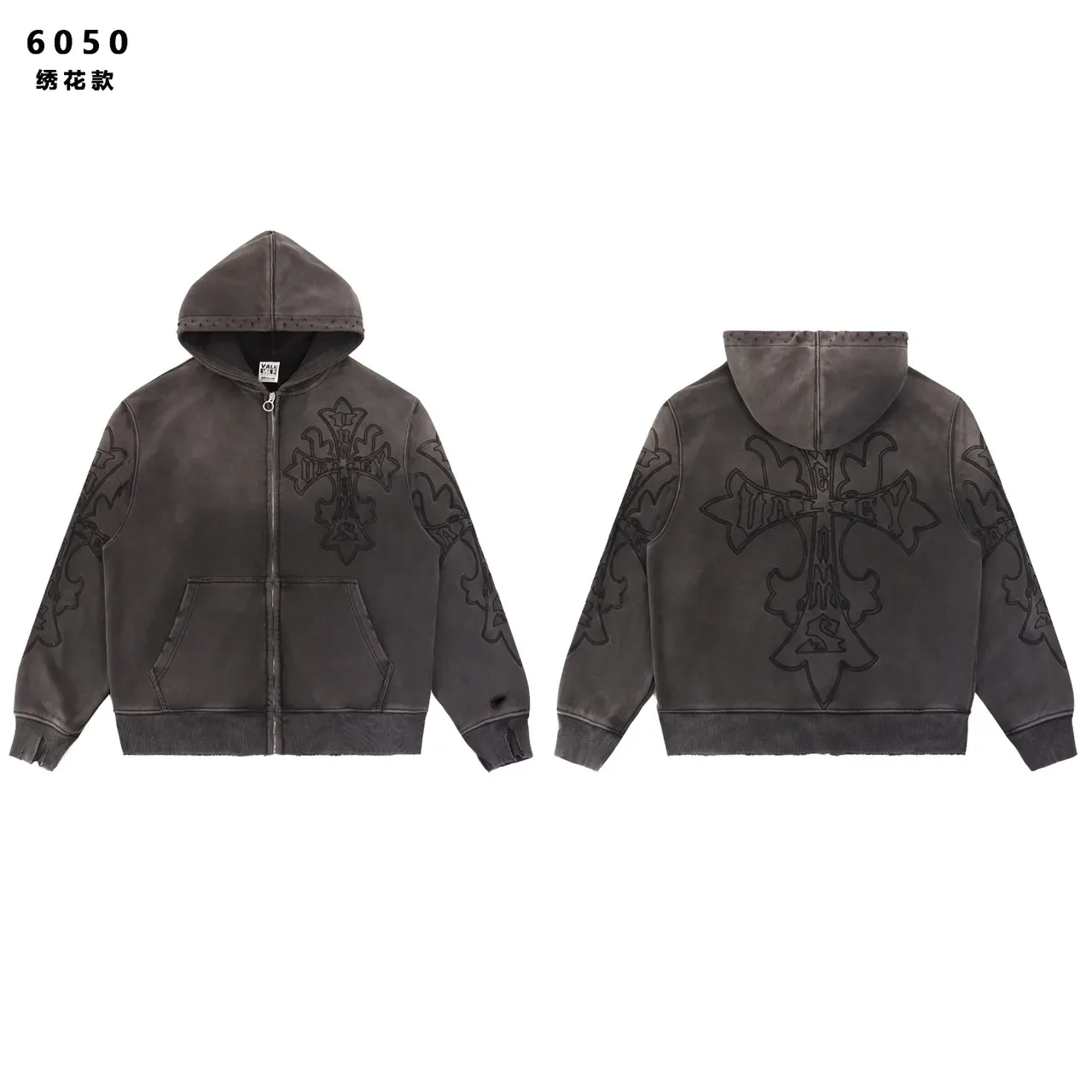 Gray Pink Embroidered Cross Motif Acid-Wash Distressed Finish Hoodie 9