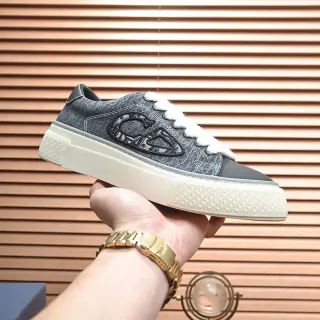 Gray White Denim-Textured Upper Embroidered Monogram Logo Sneakers