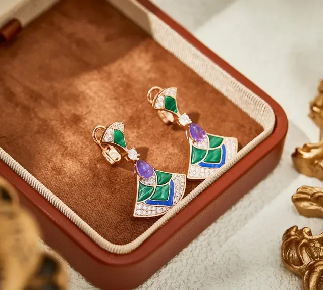 Green Purple Fan-Shaped Enamel-Inlaid Earrings 3