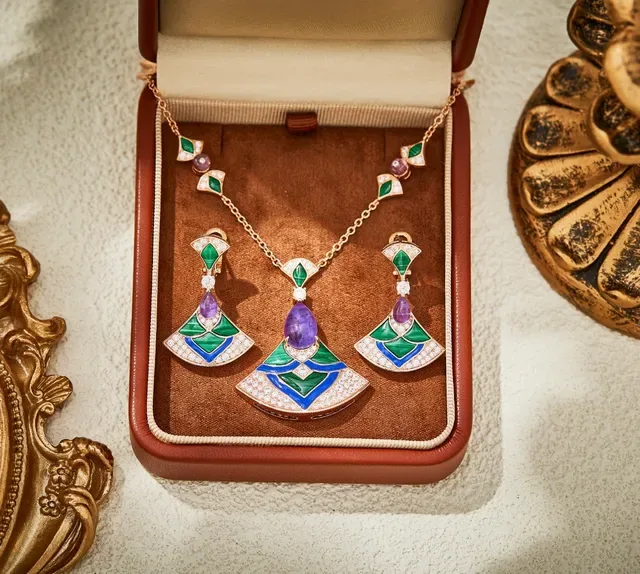 Green Purple Fan-Shaped Enamel-Inlaid Earrings 6