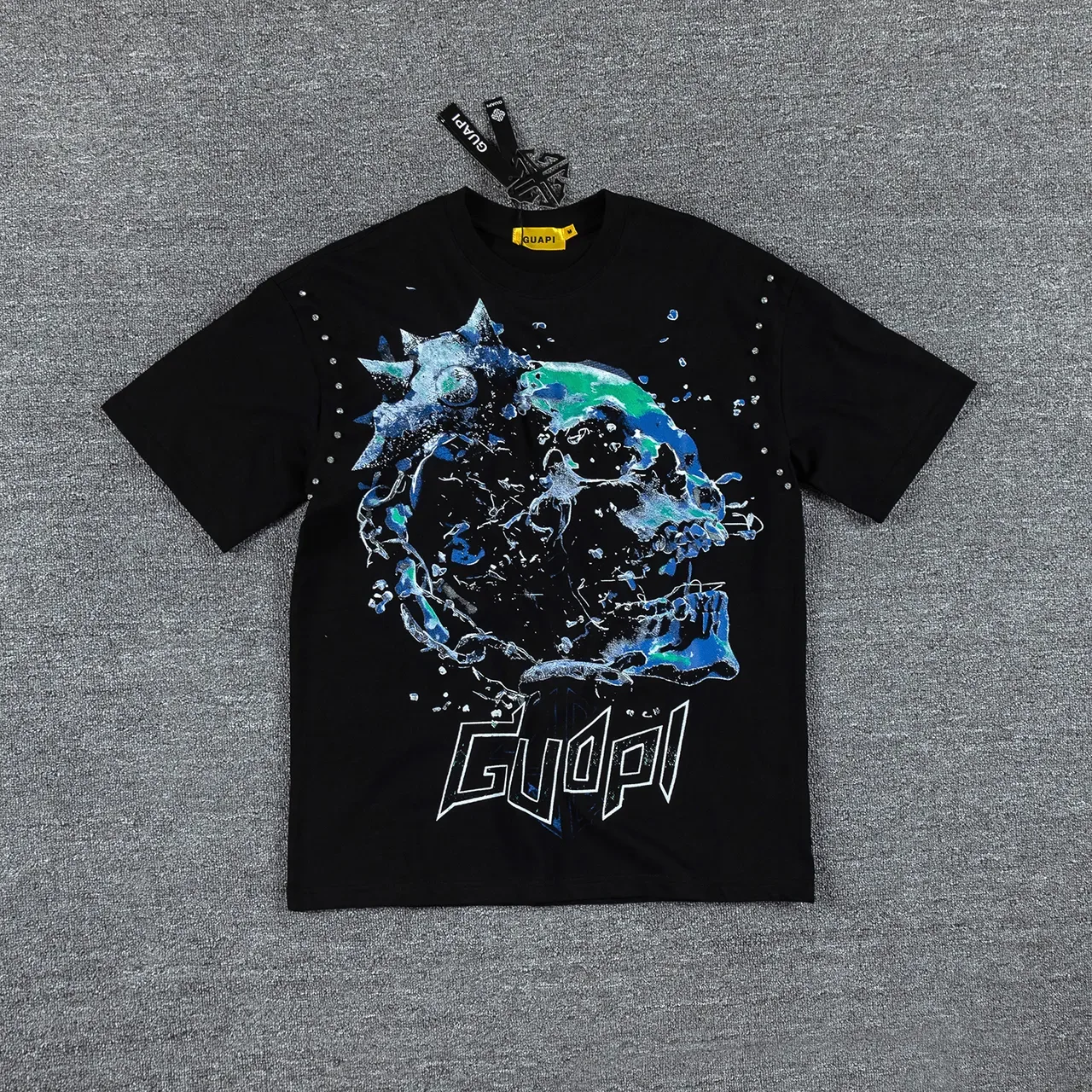 GUAPI Graphic-Print Studded Shoulders Black T-Shirt 2