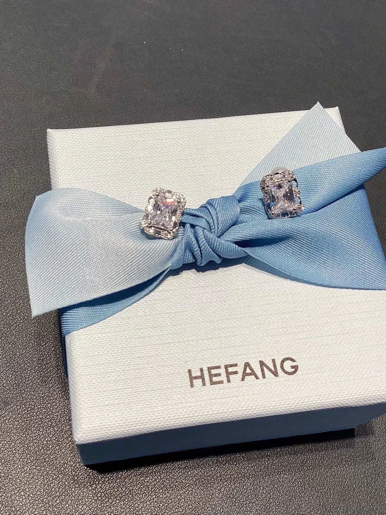 HEFANG Blue Silver Rectangular-Cut Clear Stone Studs Metal Setting Earrings 4