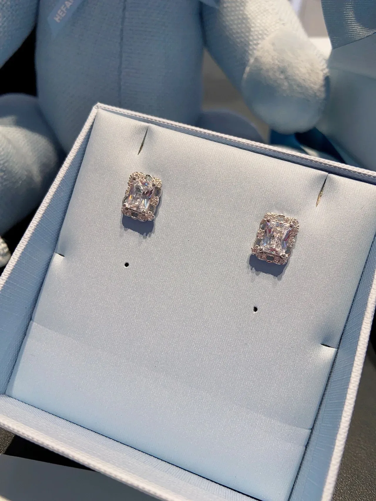 HEFANG Blue Silver Rectangular-Cut Clear Stone Studs Metal Setting Earrings 6