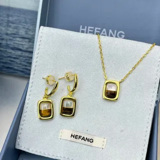 HEFANG Brincos Retangulares de Cabochon Dourado Marrom