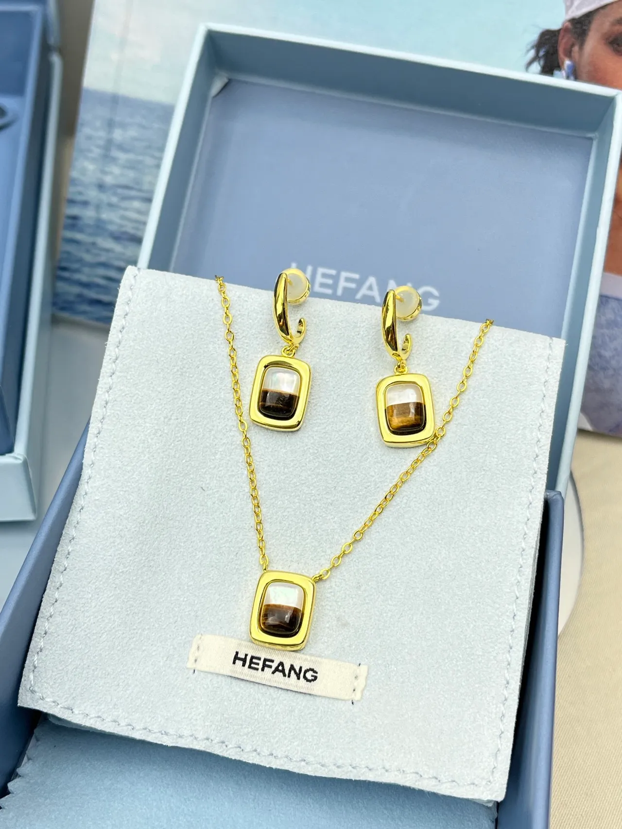 HEFANG Gold Brown Rectangular Cabochon Earrings 4