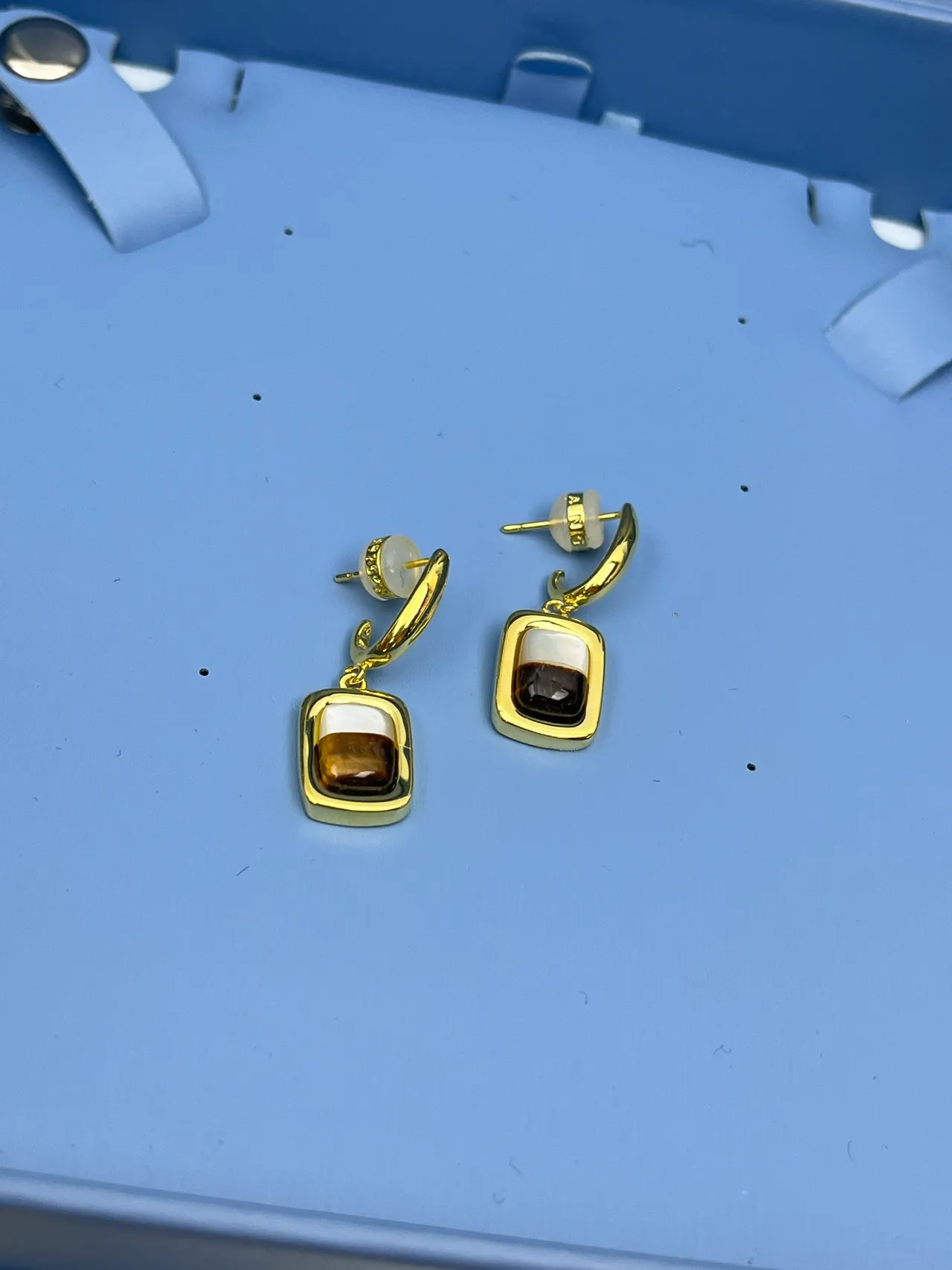 HEFANG Gold Brown Rectangular Cabochon Earrings 8
