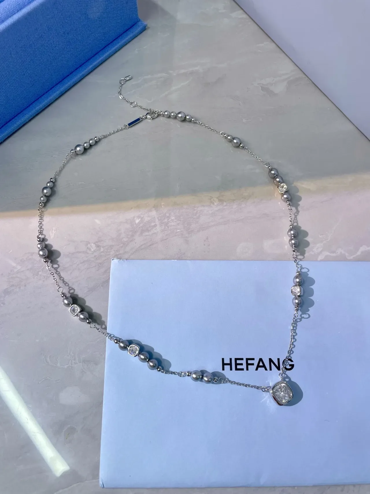 HEFANG Silver Gray Chain Square Cushion-Cut Crystal Pendant Necklace 4