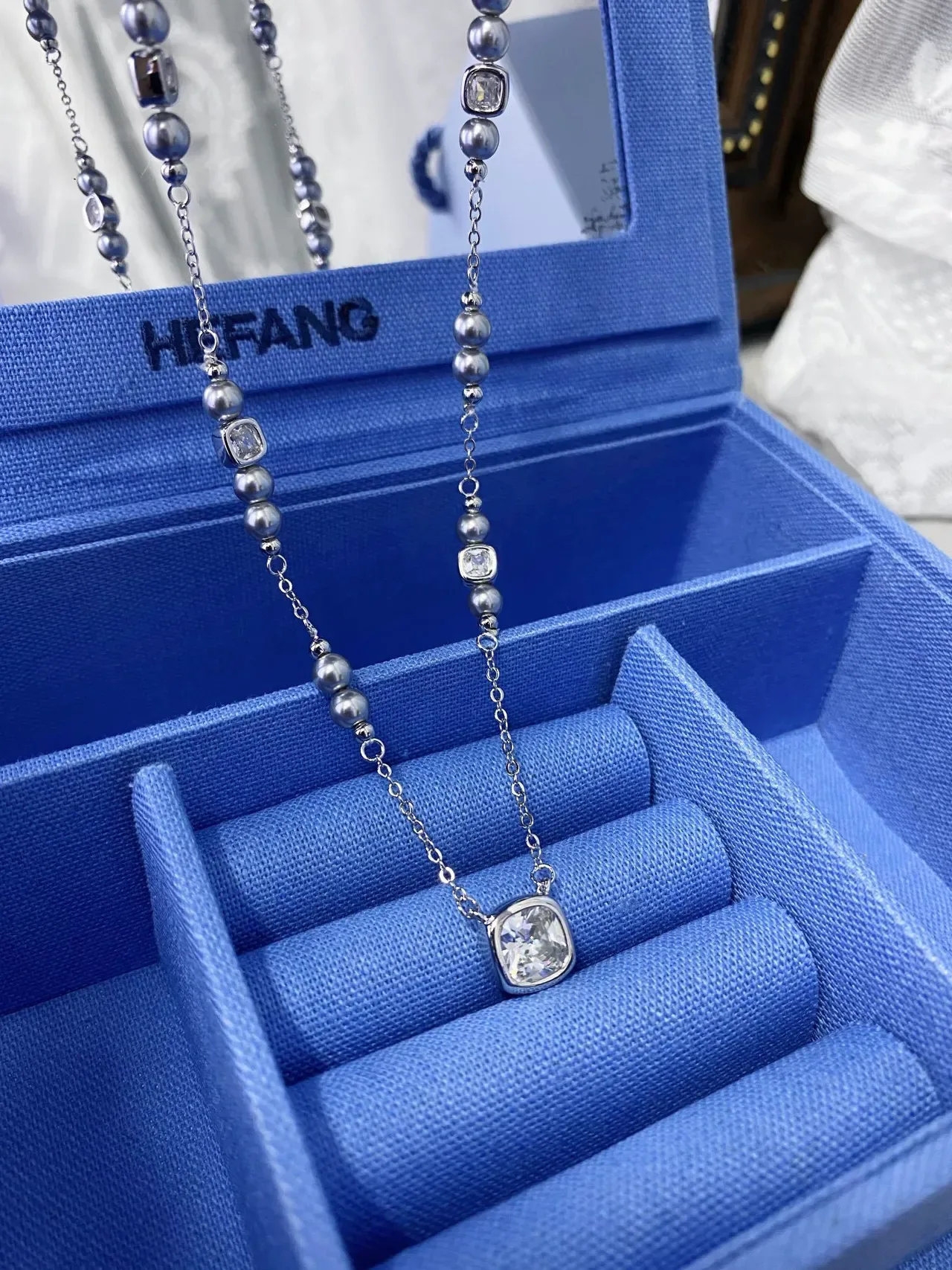 HEFANG Silver Gray Chain Square Cushion-Cut Crystal Pendant Necklace 5