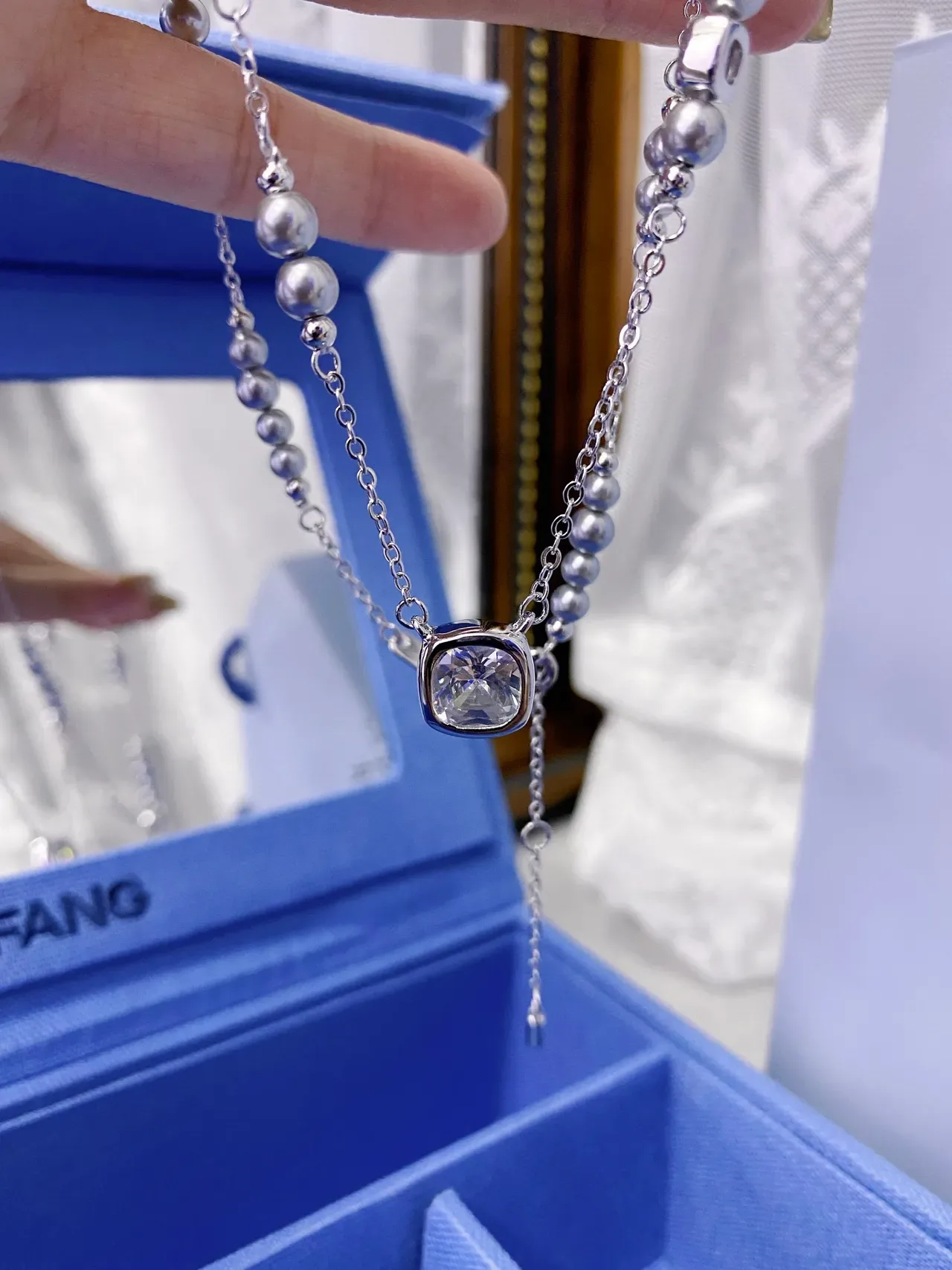 HEFANG Silver Gray Chain Square Cushion-Cut Crystal Pendant Necklace 9