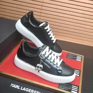 Karl Lagerfeld Black White Glossy Patent-Like Upper Ridged Platform Sole Chunky Sneakers