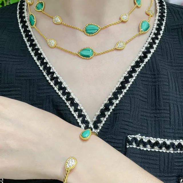 Layered Gold-Tone Malachite and Pavé Stone Necklace 9